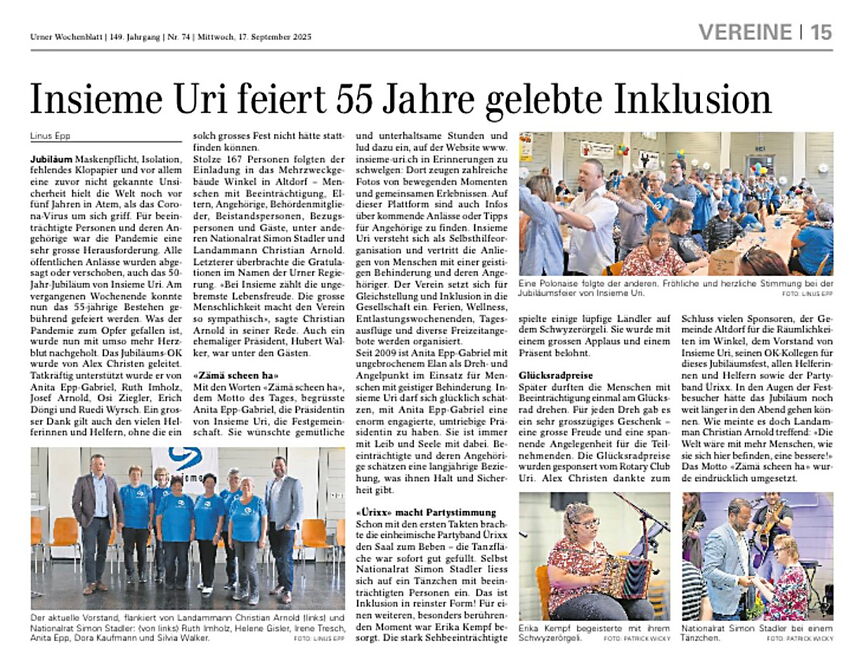 Zeitungsbericht zum 55-jährigen Jubiläum von insieme uri Zeitungsbericht zum 55-jährigen Jubiläum von insieme uri